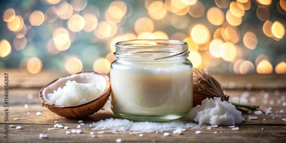 Poster a jar of coconut oil with coconut flakes and salt on a rustic wooden surface with a bokeh background