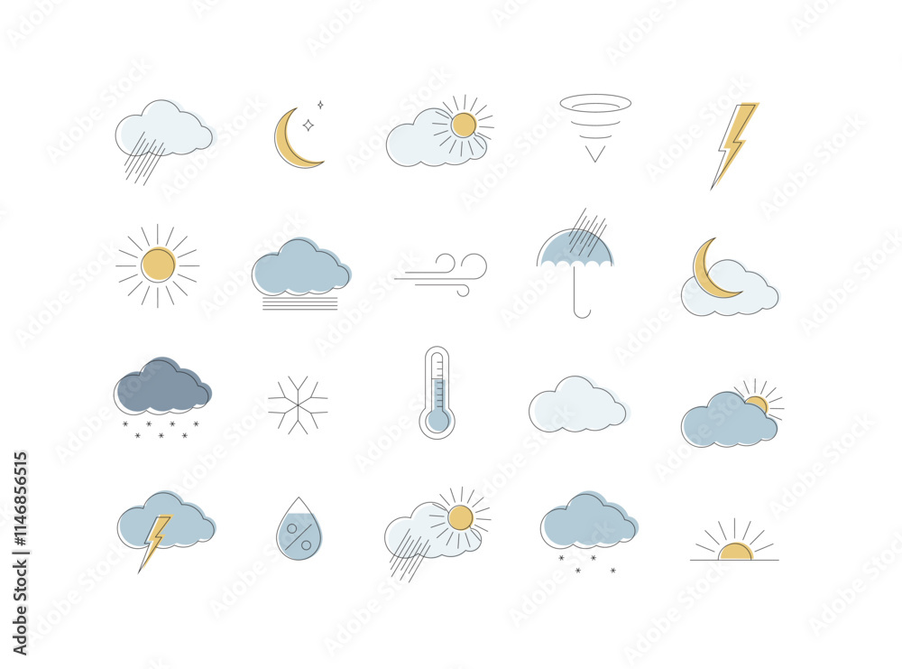 Wall mural weather app icons for web drawing with color in linear style on white background