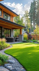 Fototapeta premium Beautiful landscaped garden with lush green grass and vibrant flowers under a bright blue sky in a suburban area