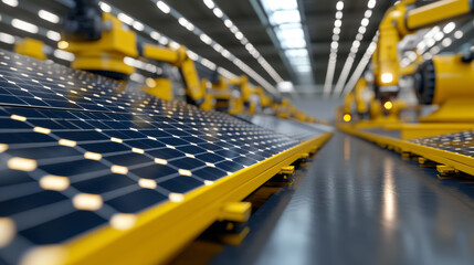Obraz premium Solar Panel Production Line Equipped With Robotic Arms in a Modern Manufacturing Facility