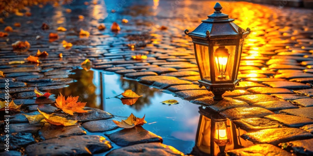 Poster a solitary lantern casts a warm glow on a cobblestone street, its reflection shimmering in a puddle,