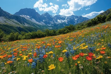 Fototapeta premium Vibrant Mountain Meadow with Colorful Wildflowers