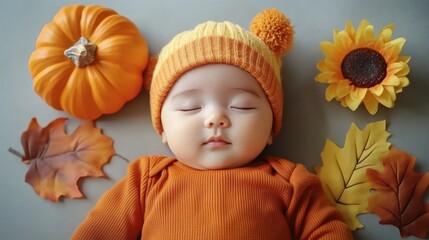Fototapeta premium Little baby sleeping with Fall seasonal decoration