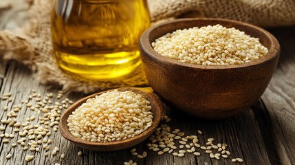 Sesame seeds and oil in rustic wooden bowls on a wooden surface.