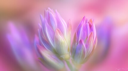 Fototapeta premium Two pastel purple flower buds in soft focus, dreamy pink background.