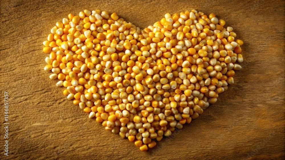Poster a heart-shaped arrangement of yellow corn kernels on a rustic wooden surface, capturing a simple yet