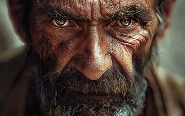 A detailed portrait of a man with a rugged weathered appearance showcasing his life experiences