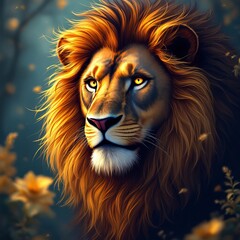 Fototapeta premium A low-lit, colorful cartoon lion, AI-generated.