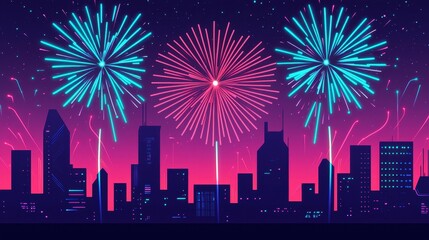 Fototapeta premium A vibrant city skyline illuminated by colorful fireworks against a twilight sky, creating a festive atmosphere.