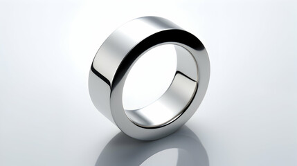 A shiny, modern metallic ring displayed on a reflective surface.
