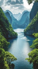 Fototapeta premium Serene river winding through lush green mountains at midday with clear blue sky reflecting on tranquil waters