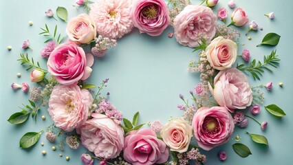 Delicate Pink and White Blossoms Arranged in a Circular Frame on a Light Blue Background