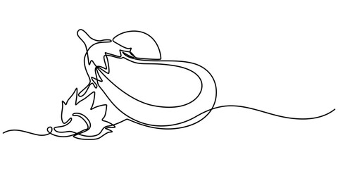 Obraz premium continuous line drawing eggplant illustration, Eggplant in continuous line art drawing style. Aubergine fruit black linear sketch isolated on white background. Vector illustration, One continuous line