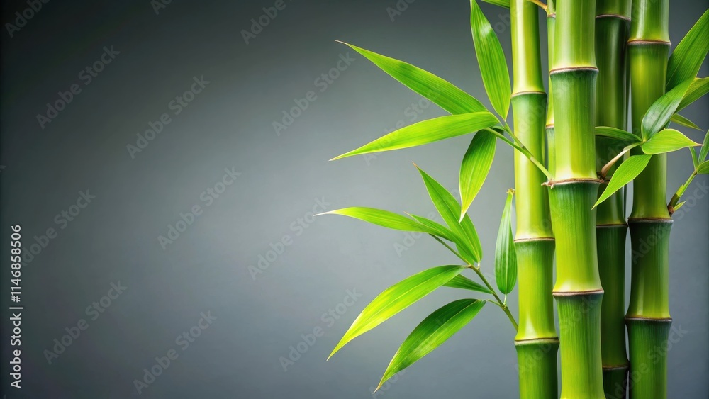 Poster A close-up view of several green bamboo stalks with vibrant leaves extending out to the side against a gray backdrop