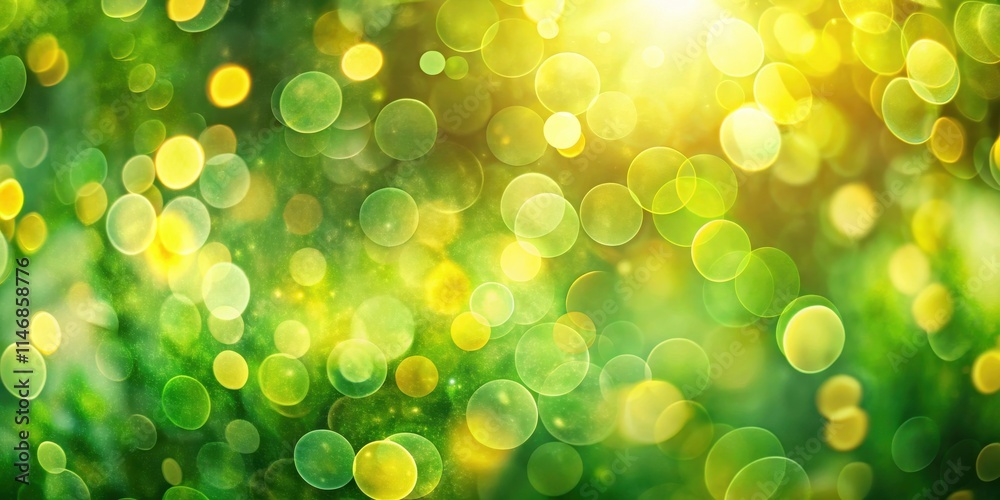 Poster a vibrant bokeh background with green and yellow orbs, capturing the beauty of sunlight filtering th