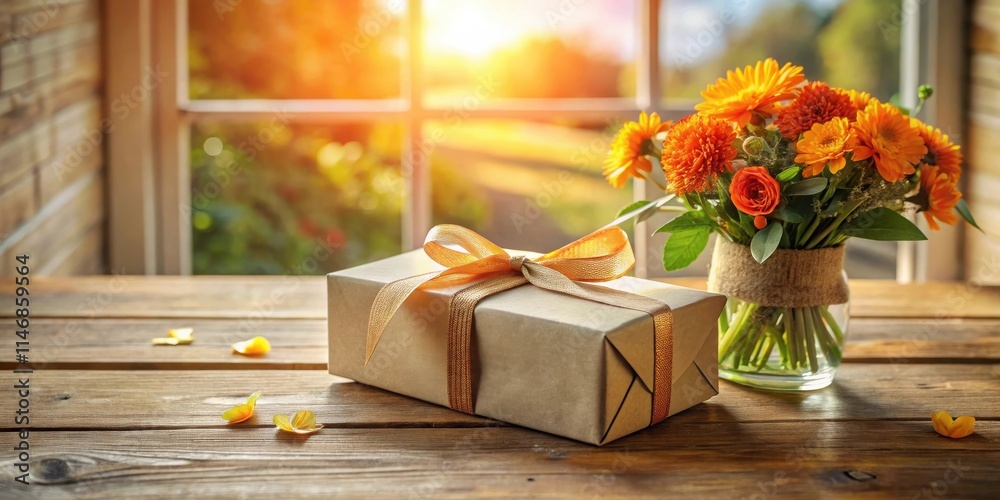 Poster a rustic gift box adorned with a golden bow and a bouquet of orange flowers beside a window with a s