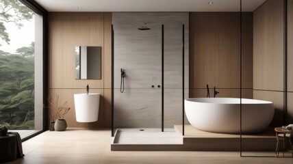 Stylish interior bathroom with bath, shower, vanity with mirror and deck decoration, side view, grey concrete floor. Bathroom with luxury furniture. 3D Rendering