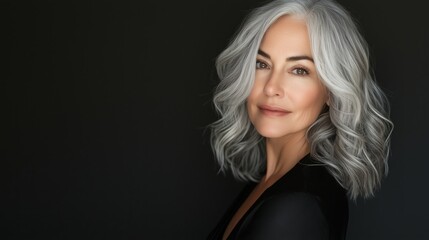Naklejka premium Portrait of a mature woman with gray hair in a studio setting, elegant and confident