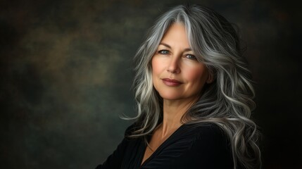 Portrait of a mature woman with gray hair in a studio setting, elegant and confident