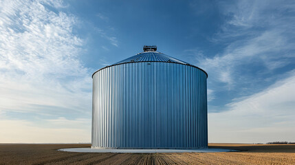 Kansas Grain Silo with corrugated steel and open farmland, iconic American agriculture