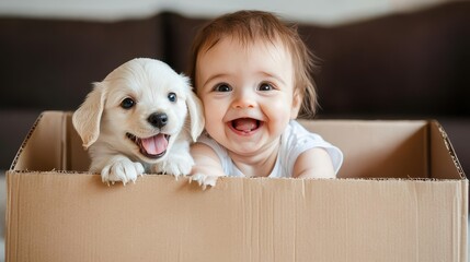 Fototapeta premium dog in a paper box gift for a child. Selective focus