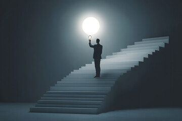 Businessman Holding a Glowing Light Bulb on a Staircase Symbolizing Innovation