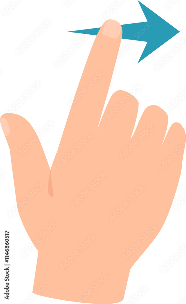 Poster right hand extending with index finger touching a forward arrow, representing a swipe right gesture,