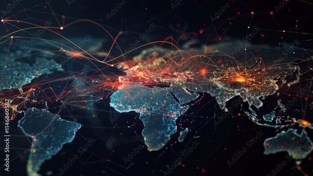 Poster this abstract visualization showcases a global network with intricate connections. ideal for technol