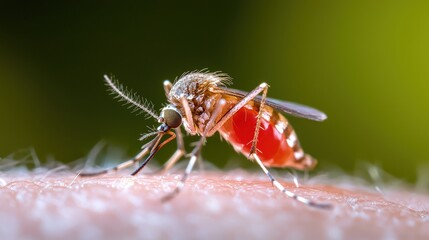 Naklejka premium Close-up of a mosquito feeding on human skin. (2)