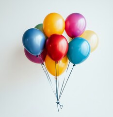 Colorful balloons in various hues float gracefully against a white backdrop, perfect for festive occasions and