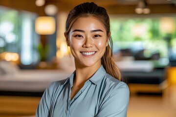 Experienced smiling young Asian saleswoman in a gray blouse, standing proudly in a contemporary furniture showroom, eager to help clients find their perfect pieces.