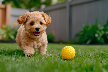 Cute Maltipoo puppy enjoying outdoor play with a yellow ball in the backyard. Copy space.