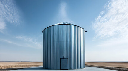 Obraz premium Kansas Grain Silo with corrugated steel and open farmland, iconic American agriculture