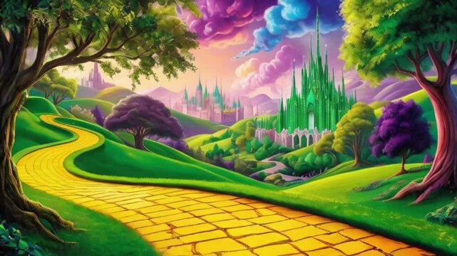 A yellow brick road leading through a lush, vibrant green landscape towards a magnificent emerald city in the distance, created with generative ai