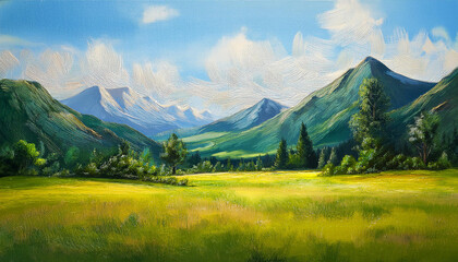 Oil painting of beautiful grassland landscape with mountains and green nature. Natural scenery.