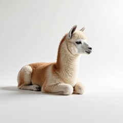 Fototapeta premium Llama Resting Peacefully With Soft Cream and Brown Fur Against White Backdrop