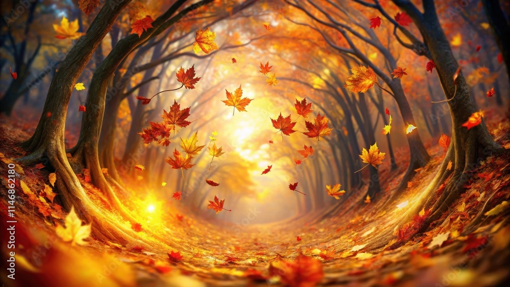 Poster a mesmerizing autumnal forest path, where golden leaves dance in a swirling vortex of nature's embra