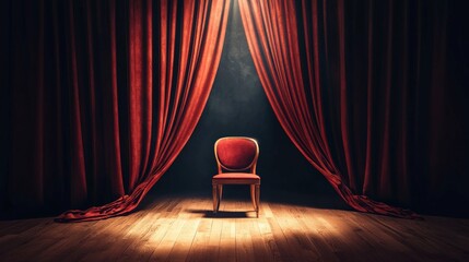 A dramatic theater stage set with red curtains slightly parted, revealing an empty chair under a lone spotlight, symbolizing solitude and focus