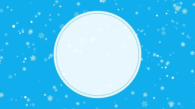 christmas blue background with snowflakes falling and round frame animation, winter holiday and new year sale copy space social media motion design element	