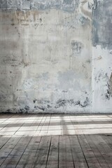Fototapeta premium A rustic industrial space featuring weathered concrete walls and wooden floorboards, illuminated by natural light.