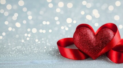 Fototapeta premium A charming red heart adorned with a satin ribbon, set against a soft blue background with sparkling bokeh lights, evoking feelings of love and celebration.