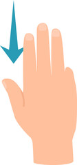 Cartoon hand scrolling down with three fingers, with a big blue arrow pointing down near them, representing using a touchscreen or a touchpad