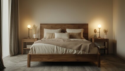Fototapeta premium A peaceful bedroom featuring a wooden bed, minimalist side tables, and elegant lamps Soft lighting creates a warm, restful ambiance, perfect for sleep Digital art rendering of modern interior design