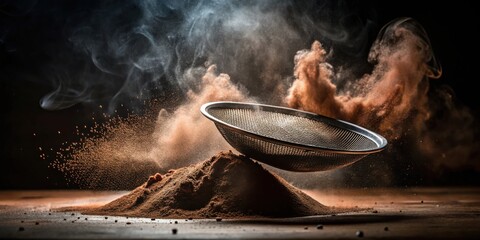 A metallic sieve suspended above a mound of brown powder, creating a cloud of dust and smoke, capturing the essence of culinary precision and artistic flourishes.