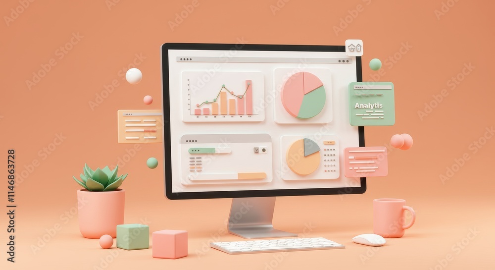 Poster 3d scene of a computer monitor displaying a pastel colored analytics dashboard