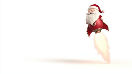 3d santa and fantasy concept. Santa Claus flying with a rocket, delivering holiday cheer in a whimsical style.