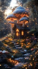Obraz premium A futuristic treehouse village among glowing trees with magical blue-green lights. A wooden bridge connects houses, set under a starry night sky, evoking adventure, dreams, and nature's wonder.