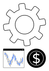 Large gear icon, financial chart with blue stock price points, and black dollar coin symbol. Ideal for finance, business strategy, market analysis, financial planning, investment, economic growth