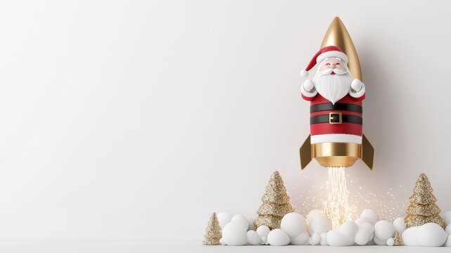 3d santa and fantasy concept. Santa Claus in a rocket launching above festive decorations and snow.