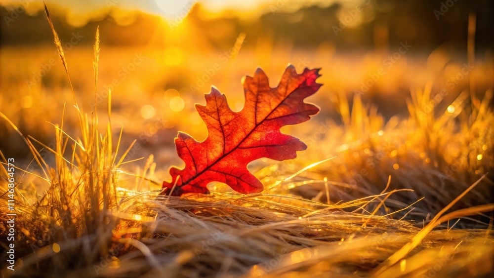 Poster a lone, red oak leaf rests in a field of golden grass, illuminated by the warm glow of the setting s